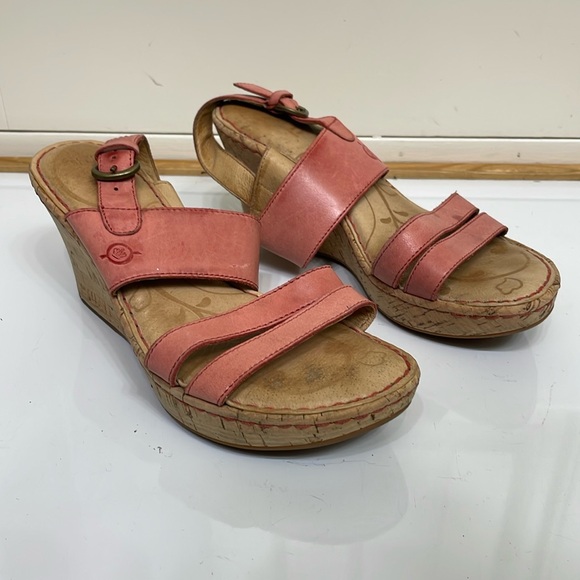 Born Amabel Salmon Pink Leather Wedge Sandals Heel Summer Womens Size 7 - Picture 1 of 12